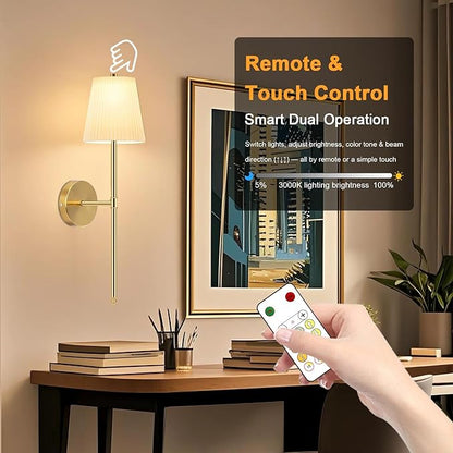 10000mAh Battery Operated Wall Sconces Set of One, Gold Rechargeable Wall Lights with Remote & Touch Control,Dimmable 3 Color Temperature Wall Decor for Bedroom Living Room Hallway