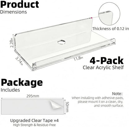 Acrylic Floating Shelves, Adhesive Wall Mount Command Shelves for Bathroom, Kitchen, Dorm - Renter-Friendly Easy Install Wall Shelves for Home Decor and Organization (Fully Clear-4 Pack)