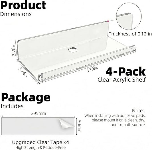 Acrylic Floating Shelves, Adhesive Wall Mount Command Shelves for Bathroom, Kitchen, Dorm - Renter-Friendly Easy Install Wall Shelves for Home Decor and Organization (Fully Clear-4 Pack)