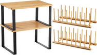 Marsui 4 Pcs Kitchen Organizer Accessories Set Cabinet Organizer Shelf and Bamboo Dish Drying Plate Rack Counter Shelves Storage Holder for Spice Rack, Dish, Pot Lid, Bowl, Cup(Light Color)