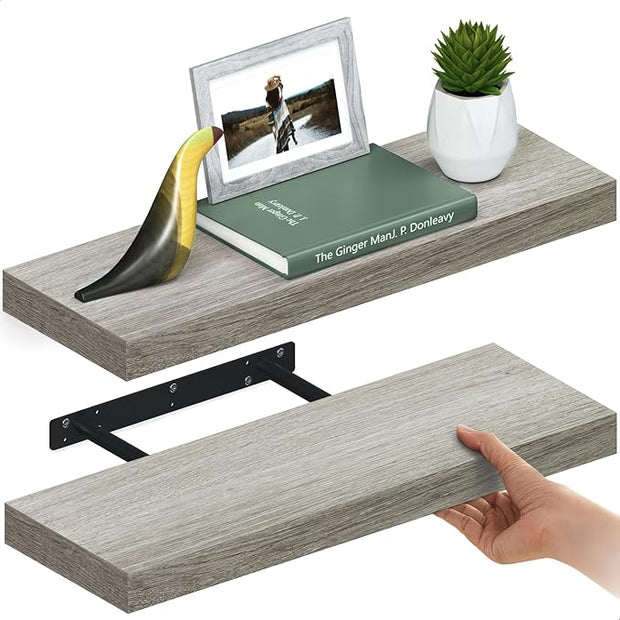 Ballucci Floating Shelves for Wall, 24" Wood Wall Shelf Set of 2, with Invisible Brackets for Bathroom, Living Room, Bedroom, Kitchen, Nursery, 8" Deep, Rustic Gray