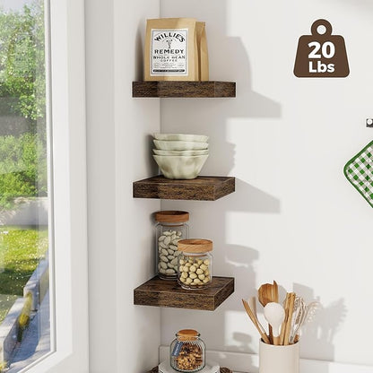 Fun Memories Small Floating Shelves for Wall - 8 Inch Square Wall Shelves with Invisible Brackets, Rustic Brown Shelves for Bathroom, Living Room, Bedroom, and Kitchen Decor, Set of 3