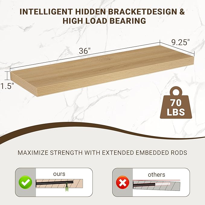 36 Inch Floating Shelves, 3D Textured Wood Grain, 36