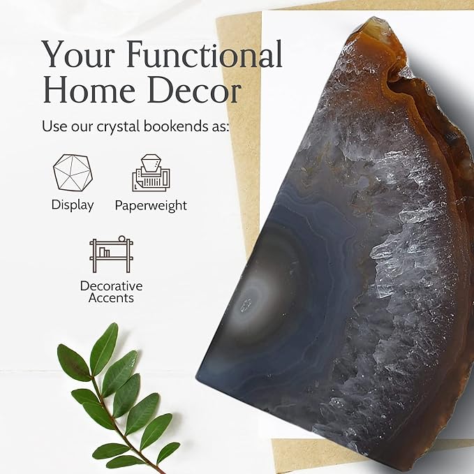 Nature's Decorations Natural Agate Bookends – A+ Grade Geode Heavy Duty Decorative Stone Crystal Book Ends for Shelves & Bookcases, Polished Bookshelf Decor, 1 Pair 3-4Lbs