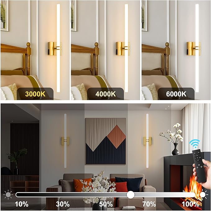 Battery Operated Wall Sconce 1Pack, Gold Rechargeable Wall Lights with Dimmable Remote Control, 30 Inch 3000K-6000K LED Wireless Wall Lamps for Bedroom, Hallway, Background Wall