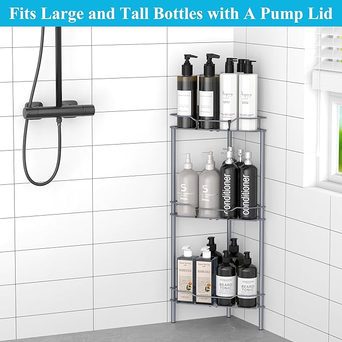 3 Tier Floor Standing Corner Shower Caddy Organizer Shelf with Hooks, Bathroom Shelves Stand Rack, Dark Gray
