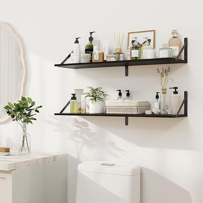 Heimlove Black Deep Floating Shelves for Wall, 32W x 8D Wood Wall Shelves Set of 2, Wide Floating Bookshelf for Living Room, Kitchen, Office, Bedroom and Decor Storage, with Metal Bracket - Black