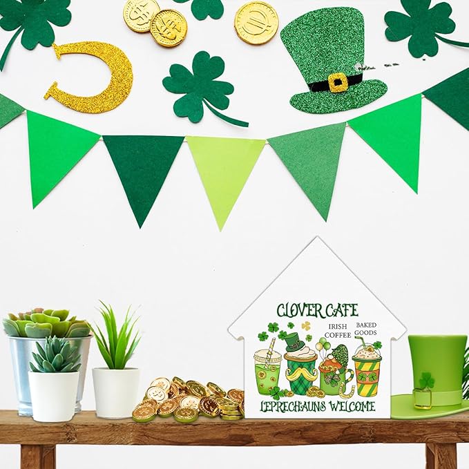 Coffee Sign Decor, St. Patrick's Day Kitchen Decor, Clover Cafe House Shaped Wood Block Sign, Home Coffee Bar Decorations for Desk Table Shelf, St Patricks Day Decorations