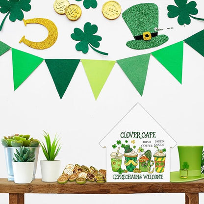 Coffee Sign Decor, St. Patrick's Day Kitchen Decor, Clover Cafe House Shaped Wood Block Sign, Home Coffee Bar Decorations for Desk Table Shelf, St Patricks Day Decorations