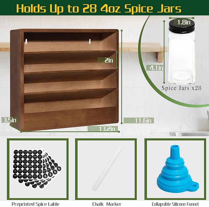 Bamboo Tiered Spice Rack Organizer for Cabinet,Wooden Seasoning Rack for Countertop, Cupboard, Pantry, Kitchen (Spice Jars Included)