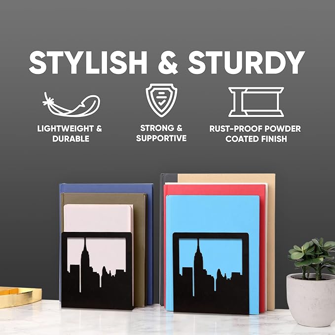 Geomod Decorative New York City NYC Skyline Metal Bookends (Black, 1 Pair) Book Ends for Tables, Desks, Shelves | Bookends to Hold Tall, Hardback Books…