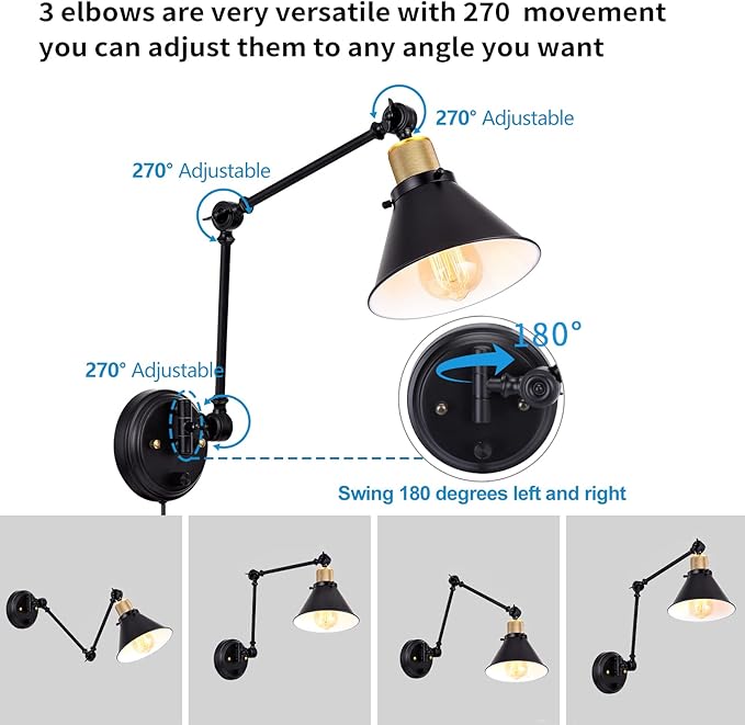 TRLIFE Dimmable Wall Sconce, Remote Control Plug in Wall Sconces Dimming 10%-100% and Adjustable Color Temperature 2700K-6000K, Swing Arm Wall Lights with Plug in Cord, UL Listed(2 Pack, 2 Bulbs)