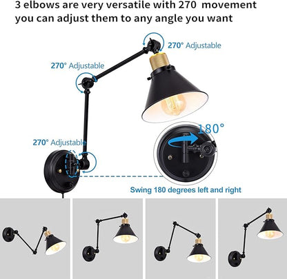 TRLIFE Wall Sconce Plug in, Dimmable Wall Sconce with Switch Swing Arm Wall Lights Plug in Wall Mounted Light Wall Sconces Lighting with 6FT Plug in Cord, E26 Base, UL Listed(Two Arms, 1 Pack)