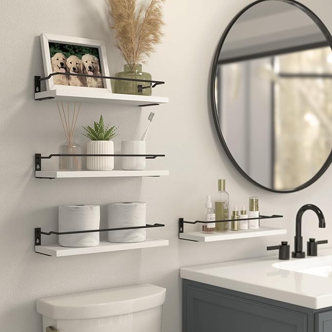RICHER HOUSE White Bathroom Floating Wall Shelf Set of 4, Small Organizer Over Toilet Storage, Guard-Rail Kitchen Shelves - White