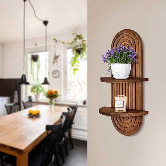 2 Pieces Boho Wall Shelf, Mid Century Shelves, Double Shelves, Decorative Bohemian Rainbow Hanging Shelves for Bathroom, Bedroom, Kitchen, Living Room, Laundry Room (Coffee Color)