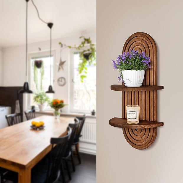 2 Pieces Boho Wall Shelf, Mid Century Shelves, Double Shelves, Decorative Bohemian Rainbow Hanging Shelves for Bathroom, Bedroom, Kitchen, Living Room, Laundry Room (Coffee Color)