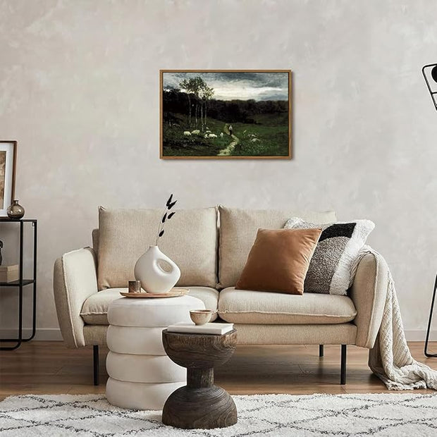 OIQArtOIQ Framed Vintage Landscape Wall Art Shepherd Natural Scenery Oil Painting Canvas Prints Country Farmhouse Aesthetic Decor Pictures for Kitchen Bedroom Living Room Bathroom