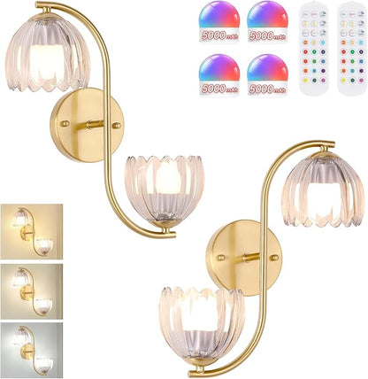 Battery Operated Wall Sconce, 2-Lights Vinatge Brass Wall Lighting Up and Down with Clear Tulip Shade for Living Room, Bedroom, Symmetrical 2 Pack
