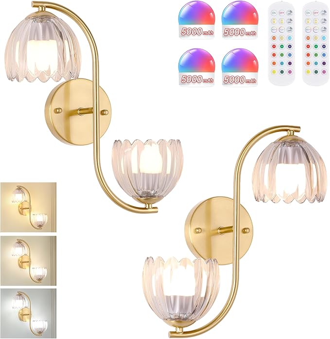 Battery Operated Wall Sconce, 2-Lights Vinatge Brass Wall Lighting Up and Down with Clear Tulip Shade for Living Room, Bedroom, Symmetrical 2 Pack