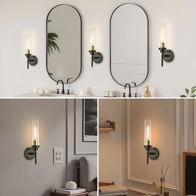 Wall Sconces Set of Two, Modern Bathroom Sconces with Clear Glass, Hardwired Sconces Wall Decor Set of 2, Wall Lights for Living Room Mirror Bedroom Hallway Kitchen (Gold and Black)