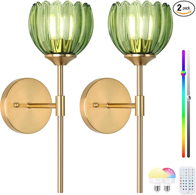 Vintage Battery Operated Wall Sconce Set of Two,Rechargeable Wall Lights with RGB Dimmable Detachable Bulbs and Remote,12 Colors Wireless Wall Lamps for Bedroom Living Room Hallway (Green)