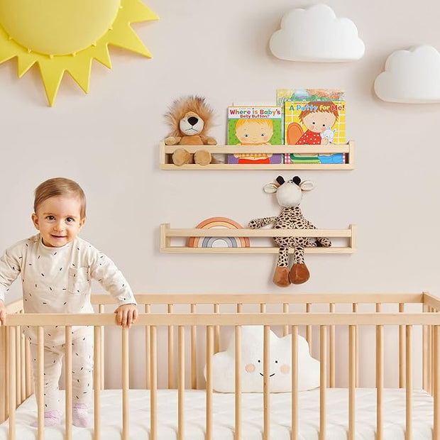 Fun Memories Nursery Book Shelves, 24Inch Floating Shelf for Wall, Wall Bookshelf for Kids Solid Wood Wall Mounted Shelves for Books,Toys and Decor Storage, Set of 2