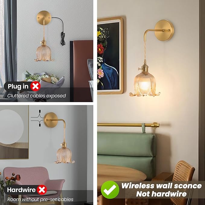 Battery Operated Wall Sconce Set of 2,Adjustable Chain Retro Gold Wall Mounted Light RGB with Remote,Wireless Rechargeable Dimmable Indoor Wall Lamp for Living Room Bedroom