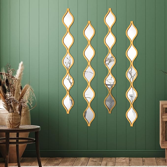 Qunclay Teardrop Mirror Wall Art Decorative Mirror Wall Decor Long Narrow Hanging Art for Apartment Living Room Bathroom Bedroom Entryway(Gold,4 Pcs)