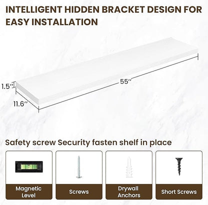 55 Inch Floating Shelves, 12 Inch Deep Floating Shelves for Wall, Floating Shelf with Invisible Brackets, 55 Inch Wide x 12 Inch Deep Wall Shelves for Bathroom, Bedroom, Living Room,1 Pack,White