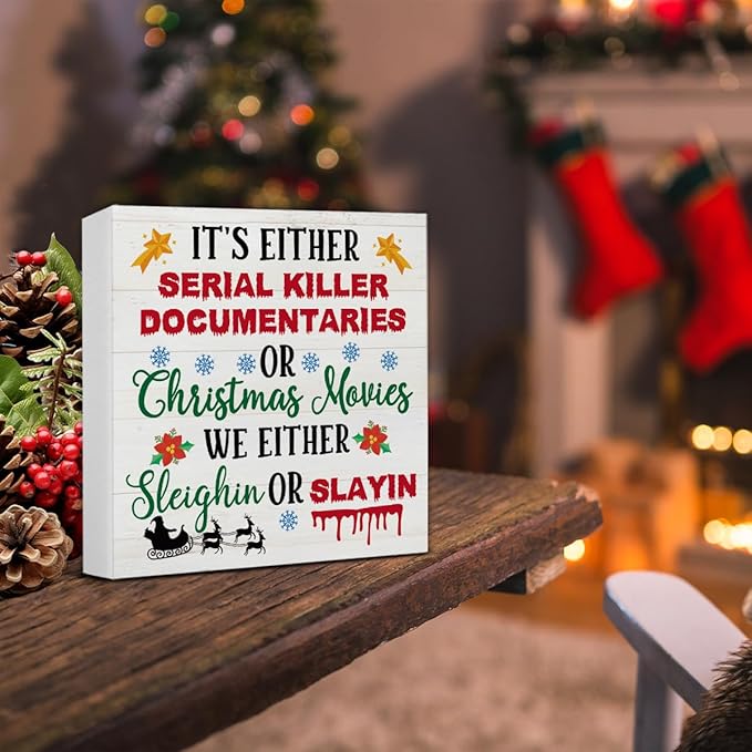 Funny Christmas Decor - Farmhouse Santa Wooden Sign, Rustic Home & Office Decor - 5 x 5 Inches
