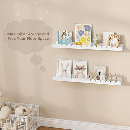 Fun Memories 28 Inch Scalloped Floating Shelf, White Picture Ledge for Wall, Set of 2, Nursery Book Shelves for Baby Room, Kids Rooms, Bedroom