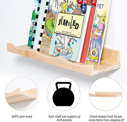 AZSKY Floating Bookshelf for Kids, Cloud Picture Ledge Shelf - Natural 15.7 Inches, Nursery Book Shelves Set of 3, Floating Shelves Baby & Toddler Room Decor
