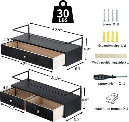 2-Pack Rustic Floating Shelves with Drawer, Black, 15.8 Inch Long, Wall-Mounted, Bathroom, Kitchen, Living Room Storage