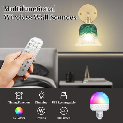 GEEZO Vintage Battery Operated Wall Sconce, with Rechargeable Battery Powered Wall Light with Remote Control for Bedside Bedroom