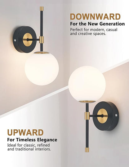Battery Operated Wall Sconces Set of 2, Glass Globe Wireless Lights with Remote & Touch Control, Rechargeable Black & Gold Sconce, 3 Color Dimmable Ambient Lighting for Bedroom Living Room