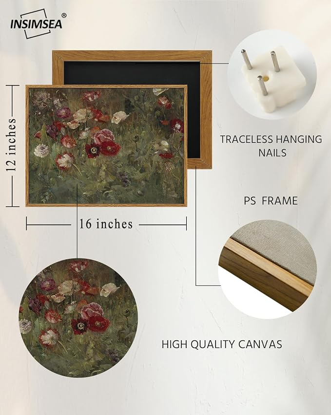 InSimSea Framed Canvas Wall Art Vintage Decor, FLoral Wall Art Decorations Classical Oil Painting Canvas Prints A Bed of Poppies Retro Home Decor Gifts, 12