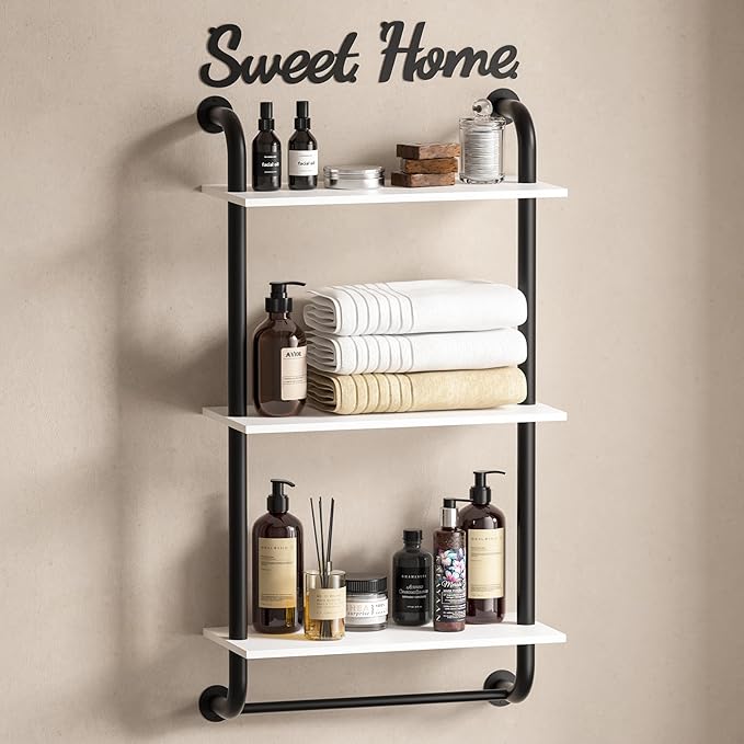 Wall Shelves 3-Tier, Bathroom Shelves Over Toilet, Rustic Industrial Pipe Shelf, Farmhouse Bathroom Decor, Floating Shelf Wall Decor for Bedroom, Living Room 17.3 inch, White