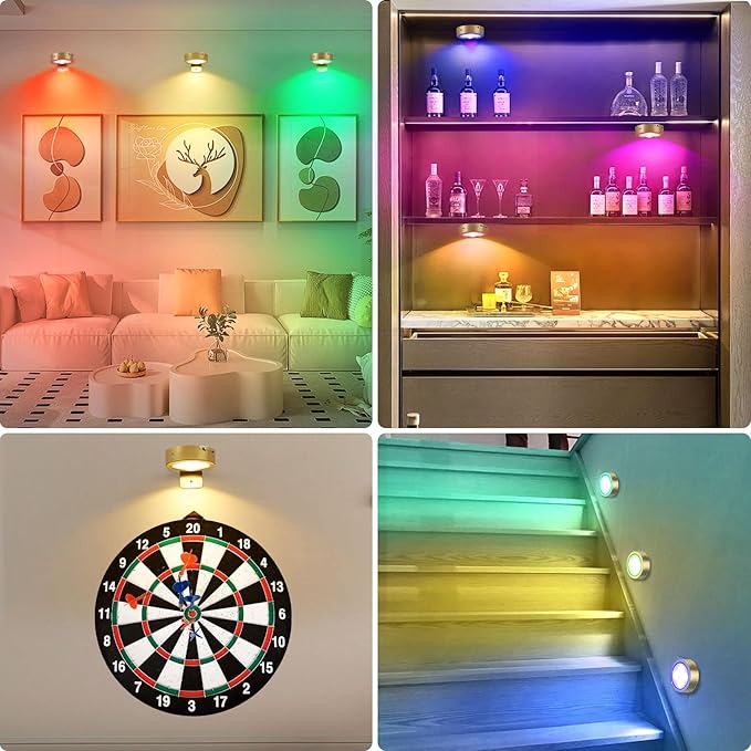 6Pcs Rechargeable Picture Lights,13 RGB Color Magnetic Led Wireless Art Display Light Battery Operated Wall Lights for Pictures with Remote Dimmable and Timer, for Picture Frame Paintings-RGB Gold