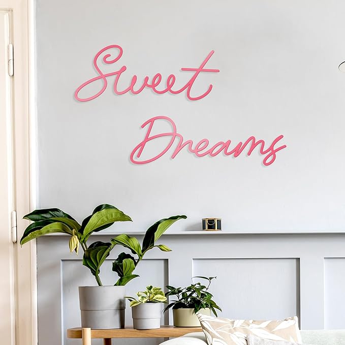 Zzbakress Sweet Dreams Wall Decor Metal Wall Art Large Modern Living Room Farmhouse Sign for Bedroom Black Metal Wall Art for Office and Home Wall Decor (Pink, Farmhouse)