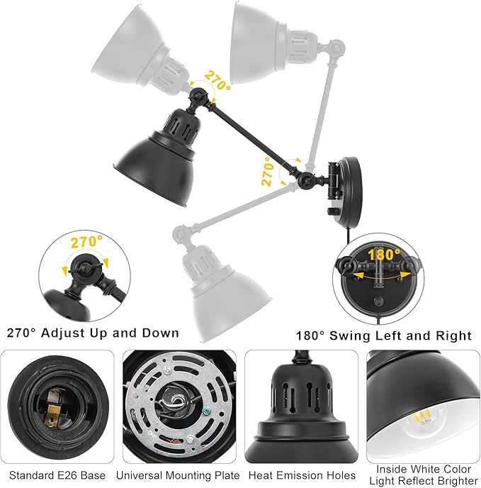1 Pack Plug in Wall Sconce with Remote Control, Stepless Dimming & Stepless Colors 2700K-6500K, Plug in Wall Light, Swing Arm Wall Lamp with Night Light & Timer, LED Bulb Included