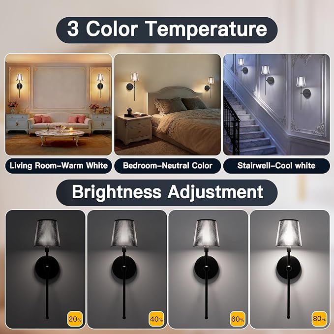 Battery Operated Wall Sconces Set of 2, Wireless Wall Sconce with Remote Dimmable Timer, Rechargeable 5200mAh, Cordless Wall Light for Bedroom Living Room, Hallway, Light Decor