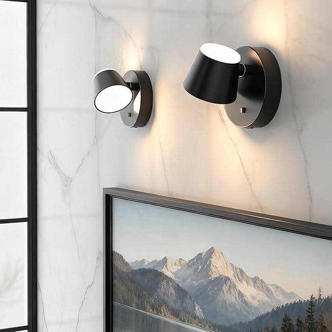 URSOLA Battery Operated Wall Lights Set of Two, LED Rechargeable Battery Wall Sconce with 9000mAh 3CCT and Dimmable Magnetic 360° Rotation Cordless Light for Bedroom（Black）