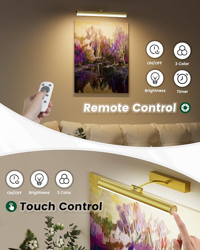 Bridika Picture Lights for Wall Battery Operated with Remote, 3 Color Modes and Dimmable Rechargeable Art Lights for Paintings, Gallery, Bedroom, Bathroom with Timer Gold 2