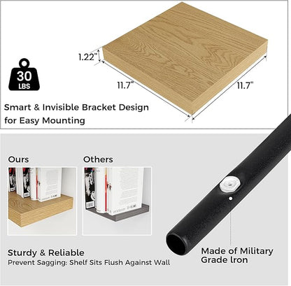 Square Floating Shelves for Wall 12"W x 12"D x 1.2"H, Small Engineered Wood Wall Shelves with Invisible Brackets for Living Room Bedroom Bathroom Office Kitchen Storage & Decor, Oak Finish, Set of 3