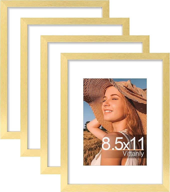 Vittanly 8.5x11 Picture Frames Set of 4, Display Pictures 6x8 with Mat or 8.5x11 without Mat, Gallery Wall Frame Set for Wall Mounting, Engineered Wood with Shatter Resistant Plexiglass, Gold