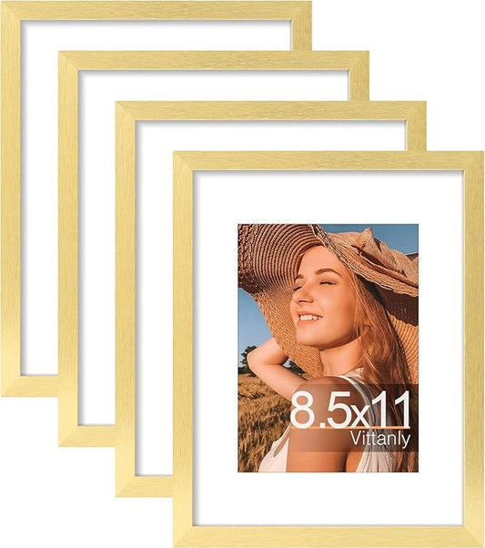 Vittanly 8.5x11 Picture Frames Set of 4, Display Pictures 6x8 with Mat or 8.5x11 without Mat, Gallery Wall Frame Set for Wall Mounting, Engineered Wood with Shatter Resistant Plexiglass, Gold