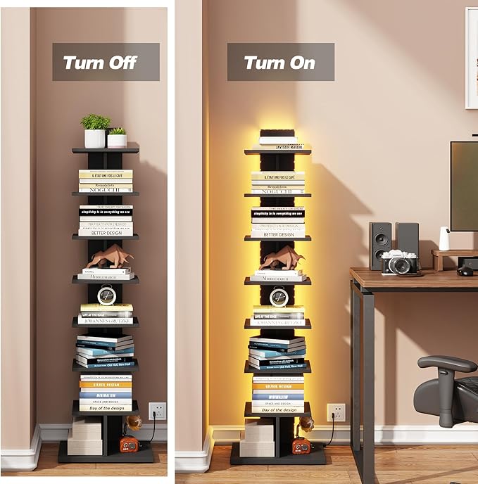 TUTOTAK Narrow Bookshelf, 8-Tier Bookcase with LED Lights, Spine Book Shelf for Small Space, Corner Standing Shelf for Living Room, Office, Study, Entryway, Black BS06BK008L