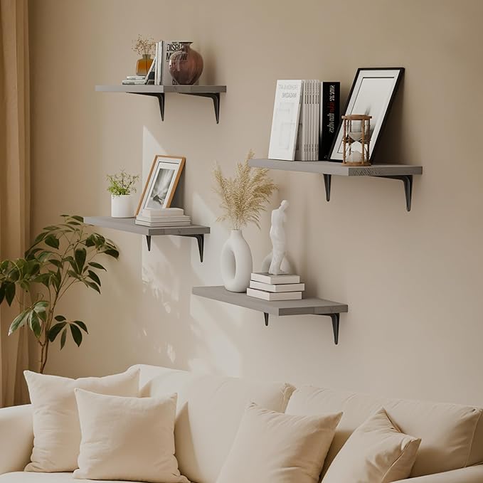 SKYSEN Floating Shelves for Wall Set of 6, 15.7in Wood Wall Shelf for Decor, Bathroom, Bedroom, Storage, Book,Kitchen, Living Room - Grey(fs-40-g)