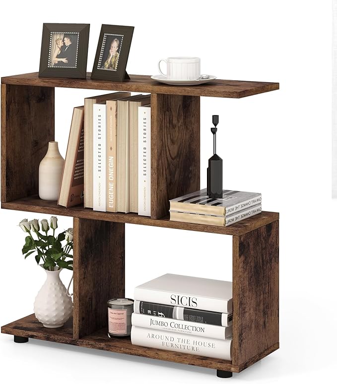 Giantex 3-Tier Geometric Bookshelf, 24" Tall Wood S-Shaped Display Shelves with Thick Foot Pads, Freestanding Open Shelves Nightstand, Floor Standing Display Shelf Bookcase, Brown