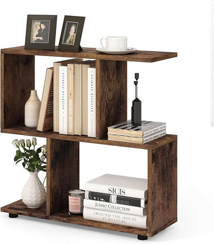 Giantex 3-Tier Geometric Bookshelf, 24" Tall Wood S-Shaped Display Shelves with Thick Foot Pads, Freestanding Open Shelves Nightstand, Floor Standing Display Shelf Bookcase, Brown